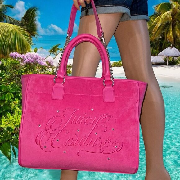 Juicy Couture Flash Pink Beach Logo Rhinestone Design Large Tote Bag NWT - Picture 1 of 10